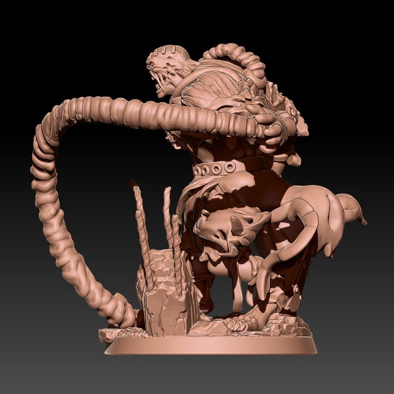 May include: A detailed 3D printed miniature of a monstrous creature with a long, coiled tail, standing on a rocky base. The creature has a grotesque, fleshy appearance with a twisted, open mouth.