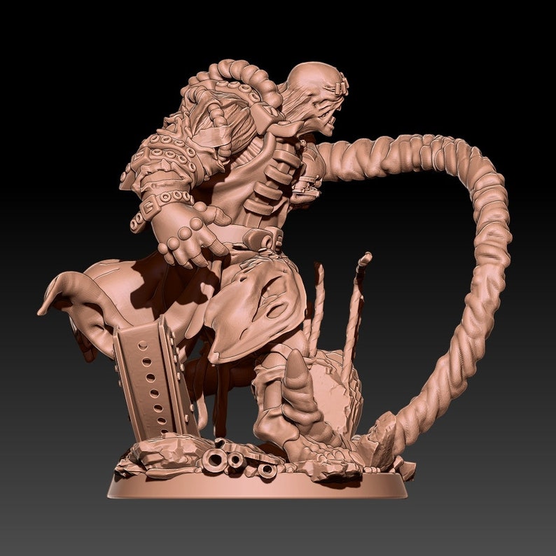 May include: A detailed 3D printed miniature of a monstrous creature with a long, twisted tail and a menacing expression. The creature is wearing a tattered cloak and has a variety of intricate details, including a spiked collar and a belt with a buckle. The miniature is posed in a dynamic stance, with the creature's tail wrapped around its body.