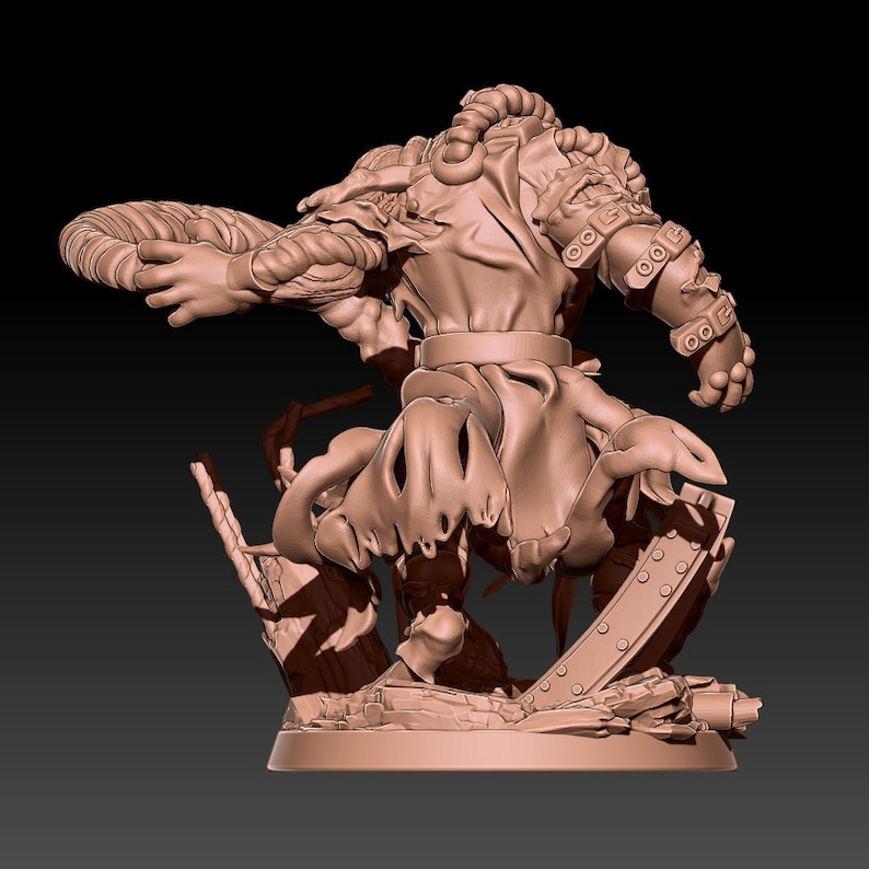May include: A detailed 3D printed model of a monstrous creature with a tattered cloak, a belt, and a large, circular object in its hand. The creature is standing on a broken, rocky base.