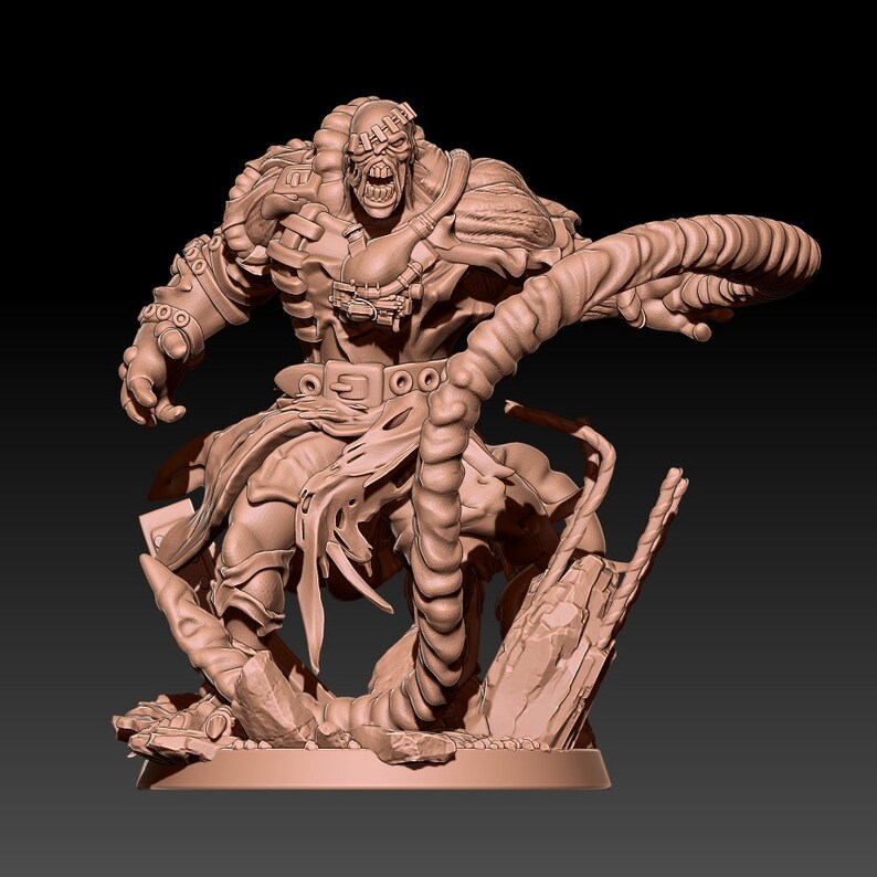 May include: A detailed 3D printed model of a monstrous creature with a grotesque face, a muscular body, and a long, segmented tail. The creature is posed in a dynamic stance, with its tail wrapped around its body and its claws extended.