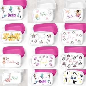 May include: A set of 10 personalised lunch boxes with various designs, including mermaids, unicorns, bees, rainbows, and more. Each lunch box features a different name, such as Bella, Lily, Layla, Maria, Jessy, Raya, Isabella, Leah, Rosa, and Mel.