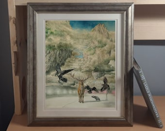 Red Deer, Raven Art Print | Surreal Floating Islands | Environmental | Symbolism
