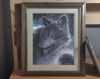 Black New Moon Wolf Art Print | Starry Sky | Nighttime | Watercolour