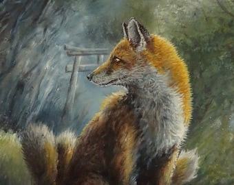 Kitsune-kunstprint | Japanse vossengeest | Totemdier | Torii-poort | Fantasie bos