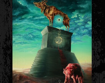 Wolf and Deer Apocalyptic Art | Horror Environmental Art | Surreal Monument Obelisk Painting | Symbolic Wall decor 10x8 to 14x10 Inch Print