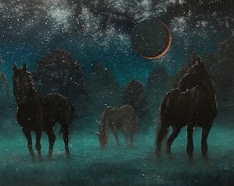 Horses and Moon Art Print: 'Starlight' | black horse, mystical, dark, atmospheric, creepy, pagan, spirit animal