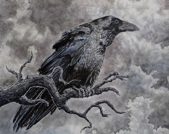 Raven Art Print | Watercolour | Corvus Corax | Gothic | Tree | Dark