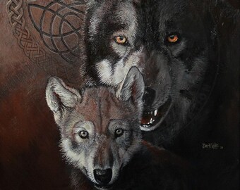Wolf and Cub Celtic Art Print | Norse | Pagan | Weave Design