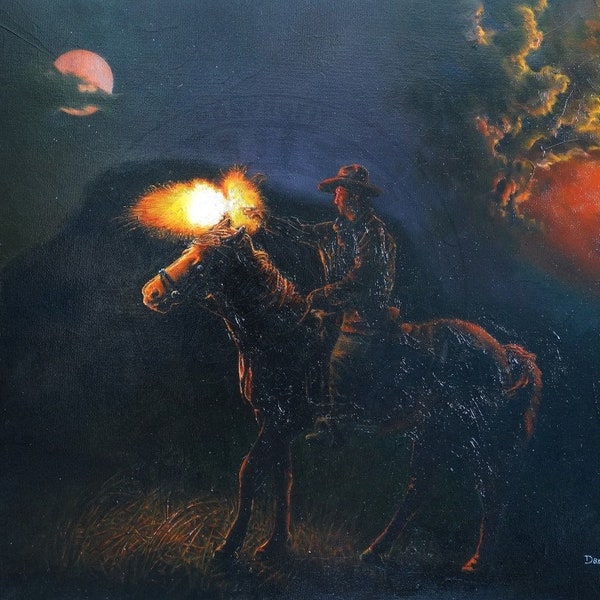 Wild West Cowboy Art Print | Night Pistol Firing | Horse | Showdown | Red Dead Redemption