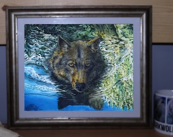 Swimming Wolf Art Print | Sea Wolf / Marine Wolf (Canis lupus nubilis) | Great Bear Rainforest | Reflection Watercolour