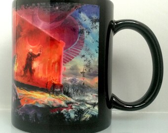 Environmental Howling Wolf Black Mug | Symbolic Climate Change Art | "Fall Forever Forwards" Limited Edition | Distressed | Retro