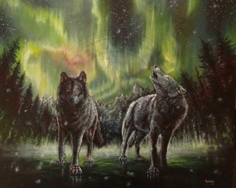Howling Wolves and Aurora Art Print | Borealis | Northern Lights | Fantasy | Snow | Mountains