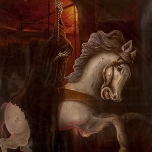 May include: A dark, hooded figure rides a white carousel horse in a dimly lit setting. The horse's mane is flowing and its eyes are wide open. The scene is painted in a dark and eerie style.