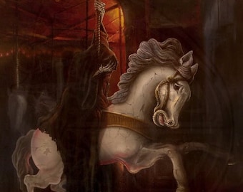 Death on a Pale Carousel Horse | Gothic / Horror / Fantasy Art | Surreal Painting | Wall decor