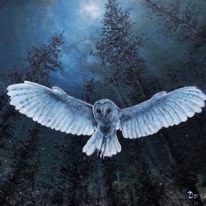 Flying Barn Owl Art Print | Hunting at Night | Totem | Spirit Animal | Woodland Forest