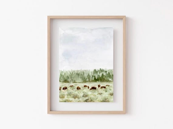 Yellowstone Buffalo | watercolor painting, western painting landscape watercolor, buffalo art, aesthetic room decor, interior decor, calm pa