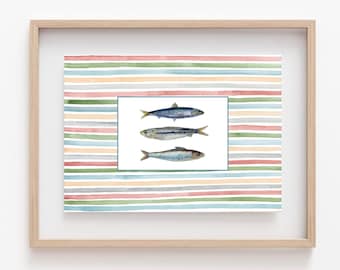 3 sardines | colorful fish painting, fish art, coastal art, watercolor painting, fun wall art, fish wall art, home decor, coastal decor art