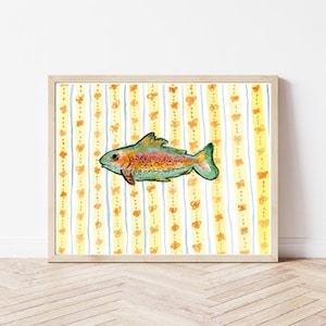 A high quality watercolor art print of a colorful fish. The fish is depicted with shades of green, yellow, orange, and blue. The background features vertical stripes with a pattern of orange hearts and blue lines. - no frame is included in purchase