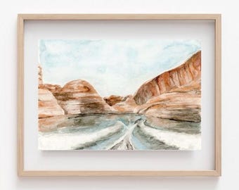 Lake Powell | watercolor painting, landscape watercolor, boating art, aesthetic room decor, art print, interior decor, calm paint, boat life