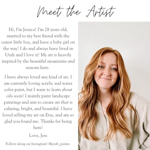 May include: A portrait of a woman with long, wavy auburn hair, smiling at the camera. Text above reads "Meet the Artist." The text below introduces Jessica, an artist who creates landscape paintings inspired by Utah's mountains.