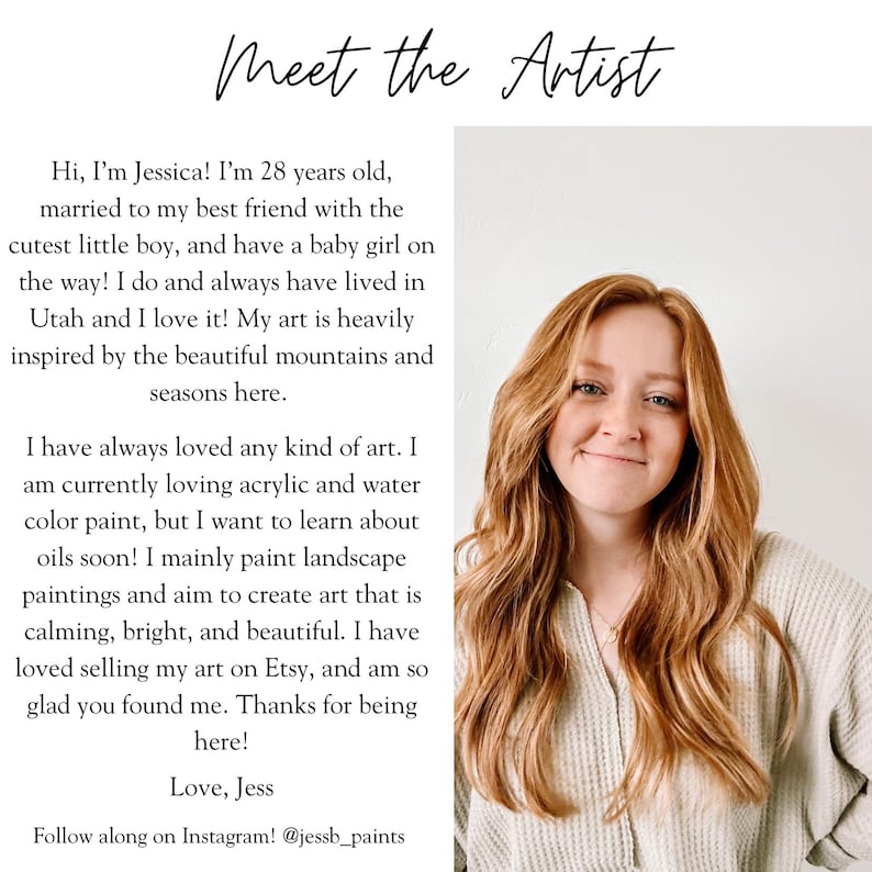 May include: A portrait of a woman with long, wavy auburn hair, smiling at the camera. Text above reads "Meet the Artist." The text below introduces Jessica, an artist who creates landscape paintings inspired by Utah's mountains.