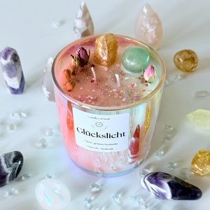 Kristallkerze Glückslicht mit Citrin, grünem Aventurin, Duftkerze im Glas, Ritualkerze, Edelstein Kerzen, Geburtstagsgeschenke