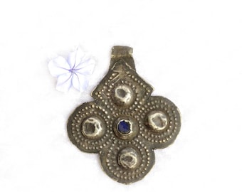 Hand of Fatima talisman pendant Morocco ancient silver and blue glass 'Foulet Khamsa' amulet evil eye Moroccan antique jewelry gift for her