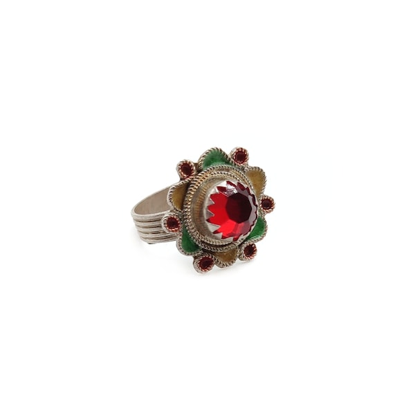 Moroccan silver ring red glass and enamel flower ring size 7, Berber ring Morocco, Amazigh jewelry