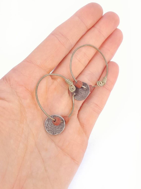 Ancient coin hoops earrings Musqat Oman silver, t… - image 2