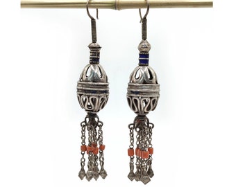 Antique Afghan large silver earrings coral