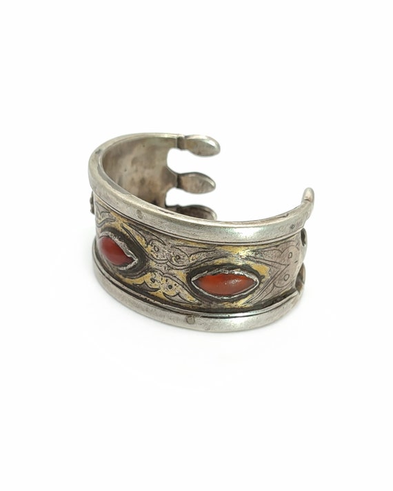 Antique Turkmen silver cuff bracelet, Carnelian a… - image 1