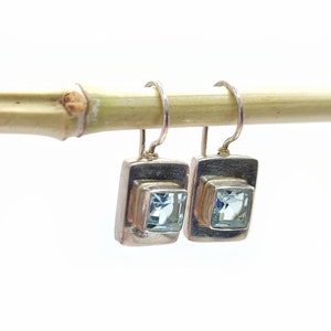 Small silver aquamarine earrings Bali, rectangle shaped small gemstone earrings, aquamarine vintage earrings Indonesia