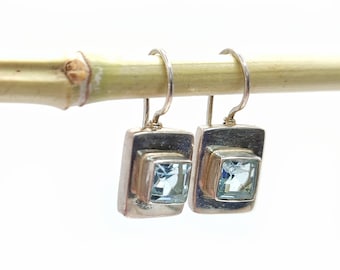 Small silver aquamarine earrings Bali, rectangle shaped small gemstone earrings, aquamarine vintage earrings Indonesia