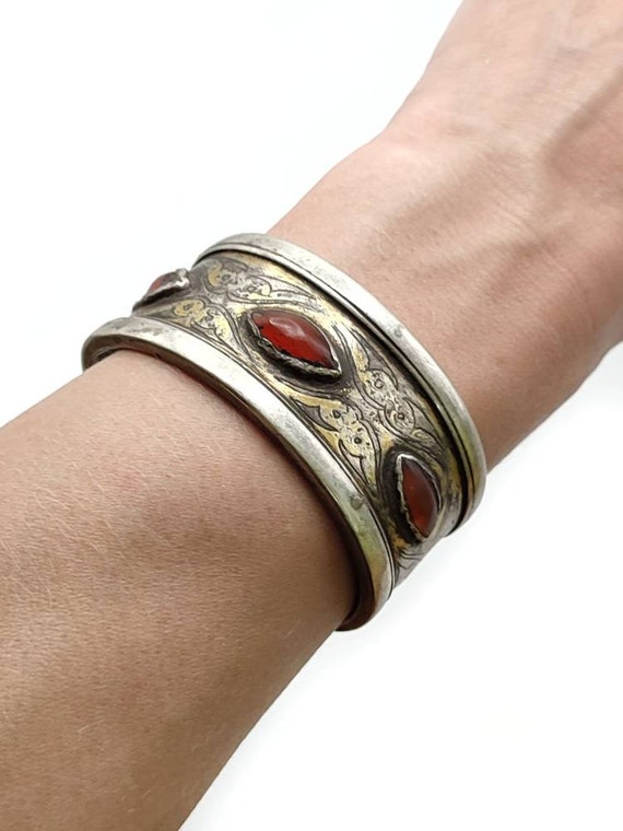 Antique Turkmen silver cuff bracelet, Carnelian a… - image 7