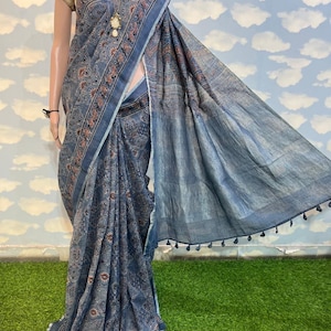 Ajrakh Hand Block Printed Pure Linen Saree | Natural Dyed Organic Linen | 6.5m Handloom Saree with Blouse Piece | Sustainable Ethnic Wear