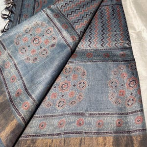 Authentic Ajrakh Hand Block Printed Pure Tussar Silk Sari | Natural Dyed Organic Tussar / Kosa Silk | 6.5m Handloom Saree | Indian Sari