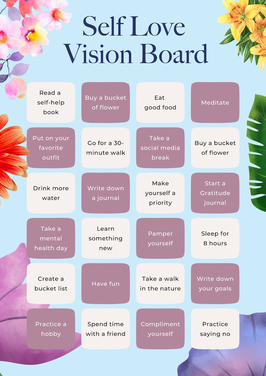 Self Love Vision Board Printable Poster Self Care Bingo Wellness