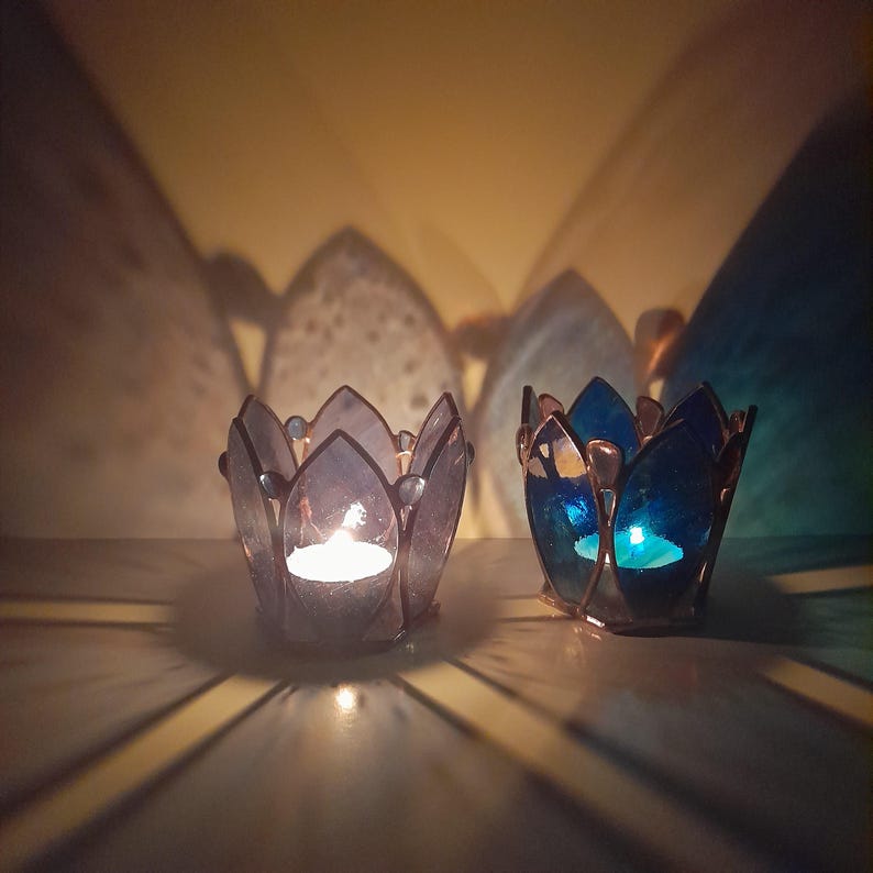 Stained Glass Candle Holder in the Shape of a Yellow, Blue and Purple