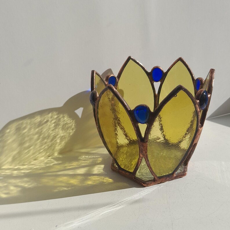 Stained Glass Candle Holder in the Shape of a Yellow, Blue and Purple