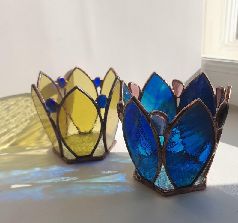 Stained Glass Candle Holder in the Shape of a Yellow, Blue and Purple