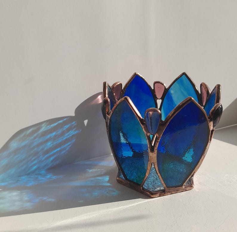 Stained Glass Candle Holder in the Shape of a Yellow, Blue and Purple