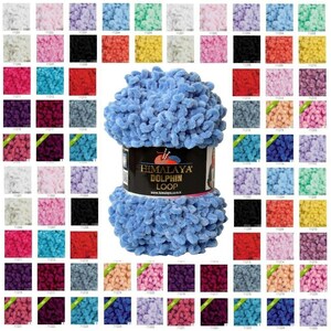 Może przedstawiać: Tabela kolorów próbek włóczki w różnych kolorach, w tym różowym, czerwonym, niebieskim, zielonym, żółtym, pomarańczowym, fioletowym i czarnym. Włóczka ma puszystą, pętelkową fakturę. Włóczka jest oznaczona "HIMALAYA DOLPHIN LOOP" i zawiera adres strony internetowej "www.himalaya.com.tr".