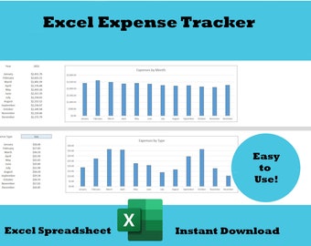 May include: A blue and white image with the text "Excel Expense Tracker" in bold black font. The image shows two charts, one showing expenses by month and the other showing expenses by type. The charts are both bar charts with blue bars. The image also includes the text "Easy to Use!" in a white circle on a blue background. The image also includes the text "Excel Spreadsheet" and "Instant Download" in black font on a blue background.
