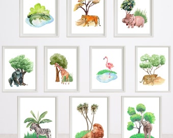 Jungle Kids Kunst aan de muur | Kwekerij Printable Wall Art | Kinderen Dier Kunst aan de muur | Jungle Animal Prints | Kinderen Aquarel Animal Wall Art Prints