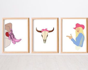 3er Set Cowgirl Prints | Boho Western Prints | Southwestern Prints | Wüstenkunst | Boho Dekor | Pink Cowgirl Digitaldruck | Wandkunst