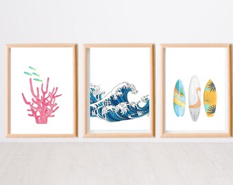 Set of 3 Surf Wall Art | Surf Print | Surf Art | Seascape Wall Art Bathroom | Surf Board Wall Art | Bathroom Wall Art Prints