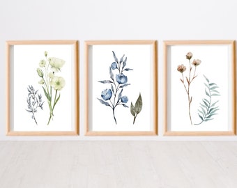 Set of 3 Wildflower Prints | Floral Wall Art | Watercolor Print | Blue Flower Digital Download | Botanical Print | Flower Wall Art