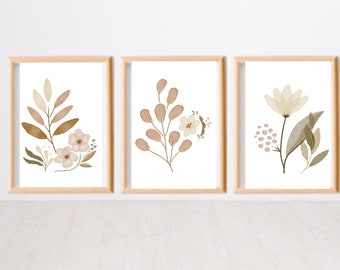 Set of 3 Piece Flower Wall Art | Neutral Flower Printable Art | Bathroom Wall Art | Aesthetic Digital Download Art | Watercolor Flower Art
