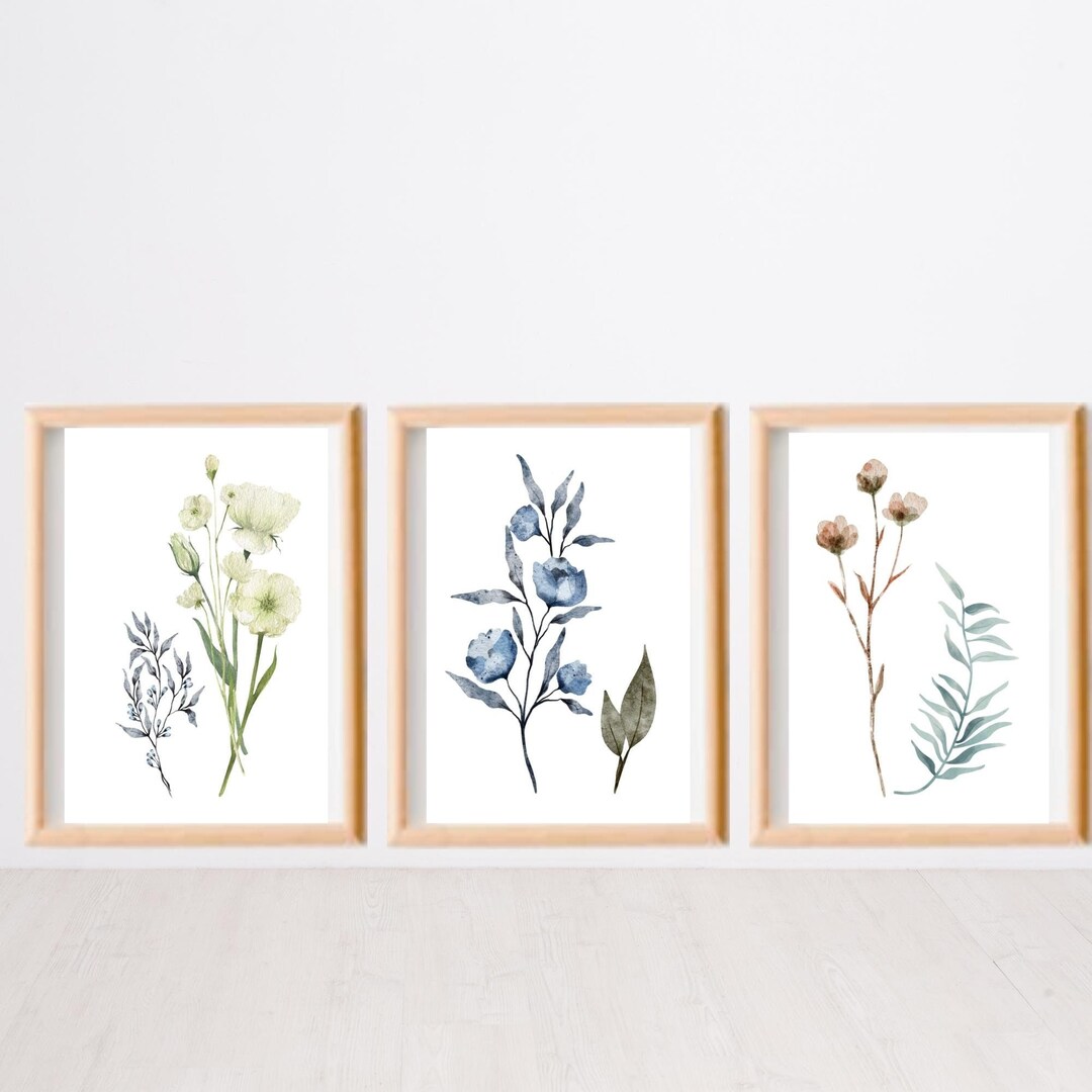 Set of 3 Wildflower Prints | Floral Wall Art | Watercolor Print | Blue ...