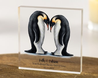 Personalised Penguin Couple Gift, Valentines Day Gift For Him/Her, Anniversary Gift, Wedding Custom Gift, Freestanding Acrylic Block